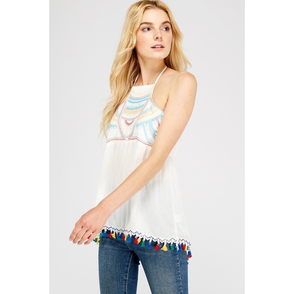 Tassel Hem Embroidered Detail Halter Top - Picture 3 of 8